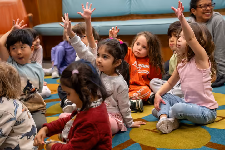 Children raise their hands during an Early Kindergarten library activity.